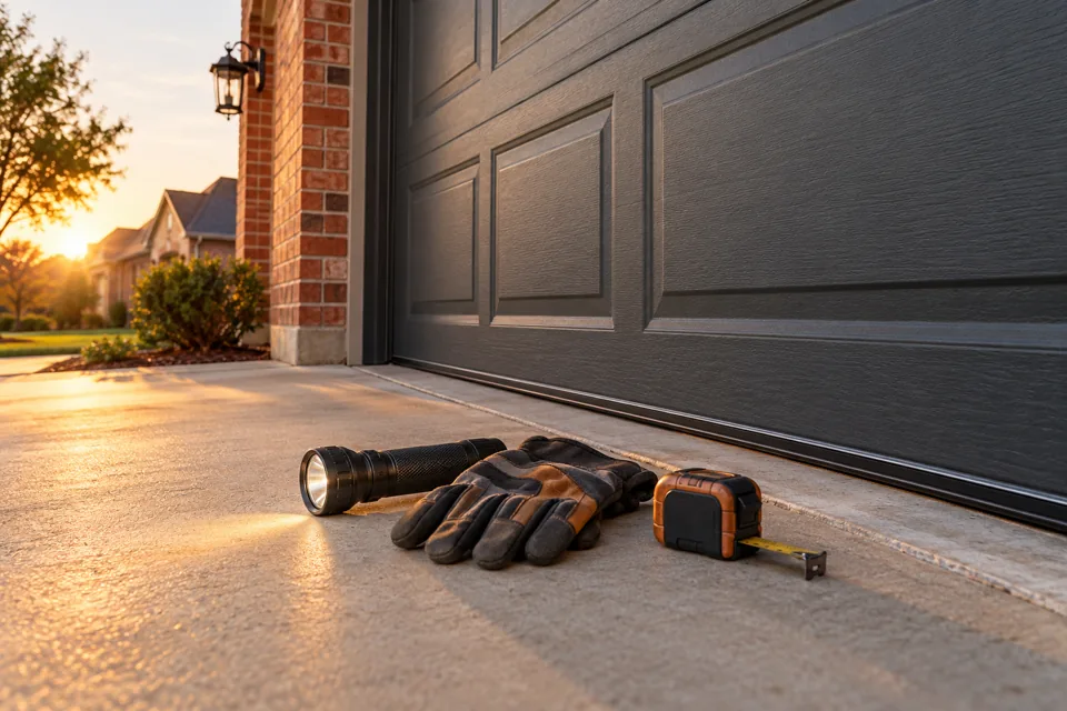 Garage door inspection tools beside the threshold