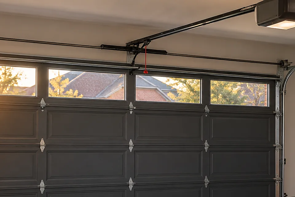 Torsion spring and bar above a garage door beside the opener rail, garage door spring repair in Carrollton, Texas
