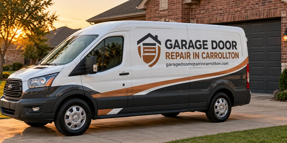 Garage Door Repair in Carrollton branded van beside a home